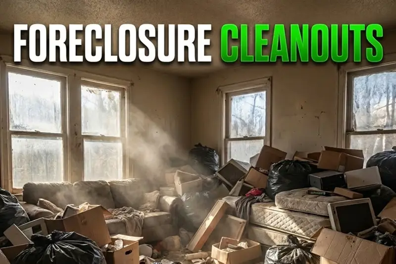 Foreclosure cleanout services: cluttered room with debris and trash removal.