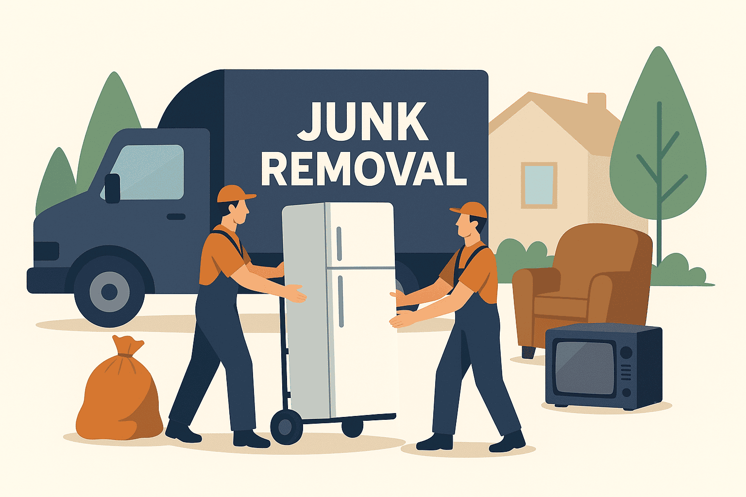 appliance-removal-service-roseville-junk-hauling Two junk removal workers in uniform loading a refrigerator onto a dolly in front of a suburban Roseville home with a labeled junk removal truck and household items nearby.