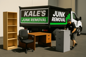 Kale’s Junk Removal worker hauling office furniture near a commercial building in Granite Bay, CA, with a branded junk removal truck in the background.
